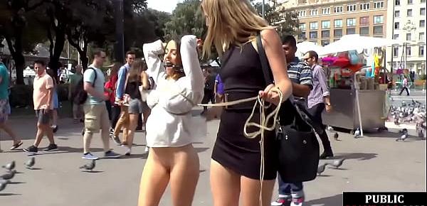  Brunette gets a public group fuck after giving head